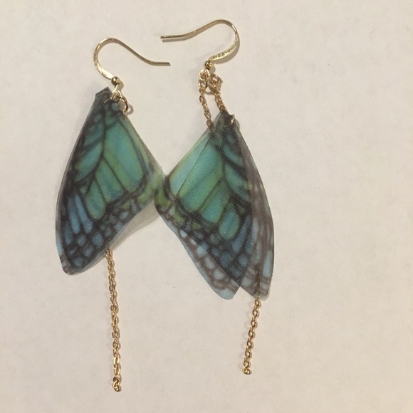 Blue Butterfly Fairy Wing Gold Chain Earrings - Picture 3 of 4